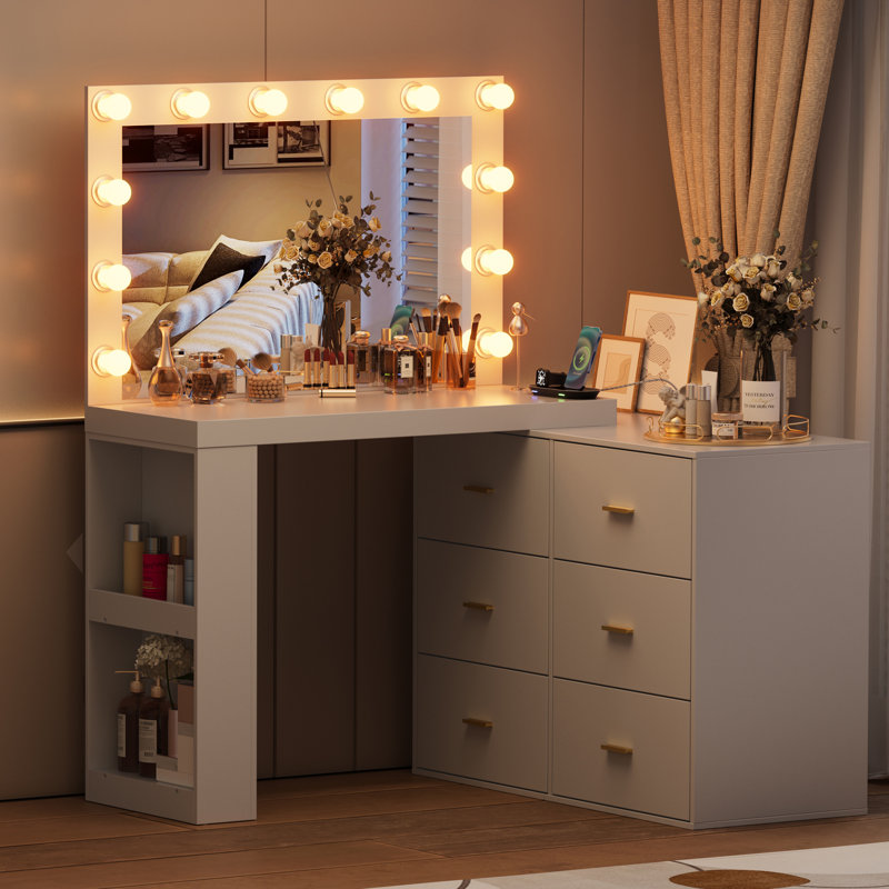 Everly Quinn Makeup Vanity Desk with Mirror and 3 Color Lights 6 Drawers Vanity Table with Charging Station